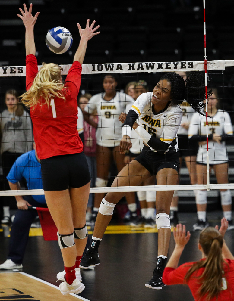 Iowa Hawkeyes outside hitter Taylor Louis (16) spikes the ball during a match against Maryland at Carver-Hawkeye Arena on November 23, 2018. (Tork Mason/hawkeyesports.com)