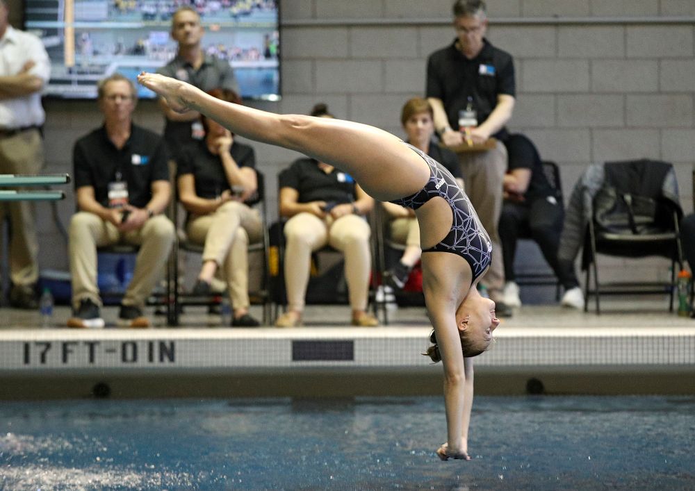 Iowa’s Samantha Tamborski competes in the women’s 1 meter diving consolation finals event during the 2020 Women’s Big Ten Swimming and Diving Championships at the Campus Recreation and Wellness Center in Iowa City on Thursday, February 20, 2020. (Stephen Mally/hawkeyesports.com)