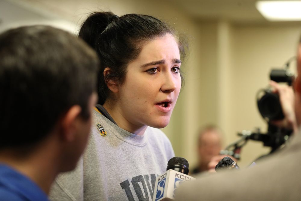 Iowa Hawkeyes forward Megan Gustafson (10) during media and practice as they prepare for their Sweet 16 matchup against NC State Friday, March 29, 2019 at the Greensboro Coliseum in Greensboro, NC.(Brian Ray/hawkeyesports.com)