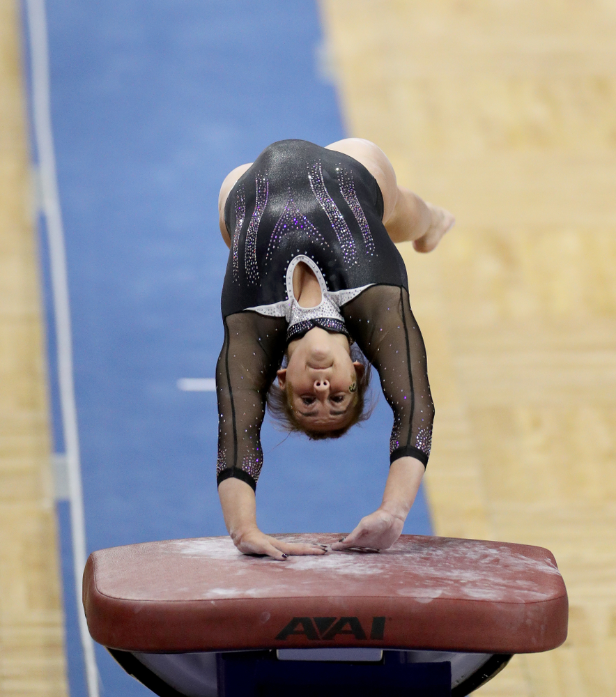 Iowa’s Daniela Castillo competes on the vault against Michigan State Saturday, February 1, 2020 at Carver-Hawkeye Arena. (Brian Ray/hawkeyesports.com)