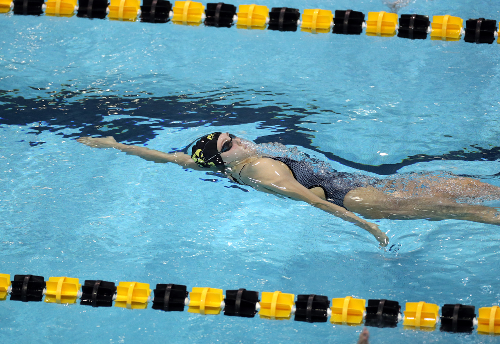 IowaÕs Emilia Sansome swims the 200 yard backstroke against the Michigan Wolverines Friday, November 1, 2019 at the Campus Recreation and Wellness Center. (Brian Ray/hawkeyesports.com)