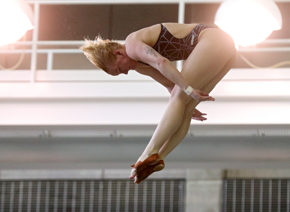Iowa’s Thelma Strandberg competes in the women’s platform diving preliminary event during the 2020 Women’s Big Ten Swimming and Diving Championships at the Campus Recreation and Wellness Center in Iowa City on Saturday, February 22, 2020. (Stephen Mally/hawkeyesports.com)