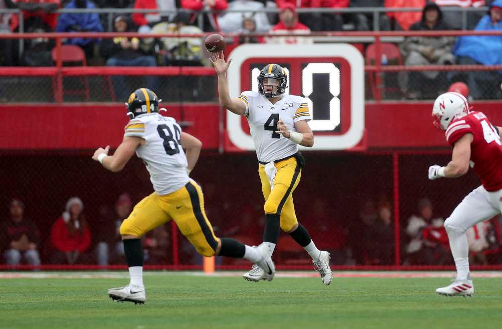 Iowa Hawkeyes quarterback Nate Stanley (4) against the Nebraska Cornhuskers Friday, November 29, 2019 at Memorial Stadium in Lincoln, Neb. (Brian Ray/hawkeyesports.com)