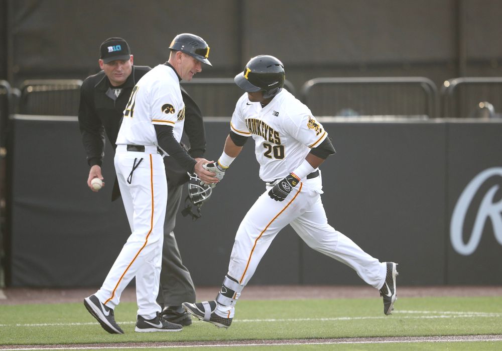 Iowa Hawkeyes Izaya Fullard (20) rounds third on a home run during game one against UC Irvine Friday, May 3, 2019 at Duane Banks Field. (Brian Ray/hawkeyesports.com)