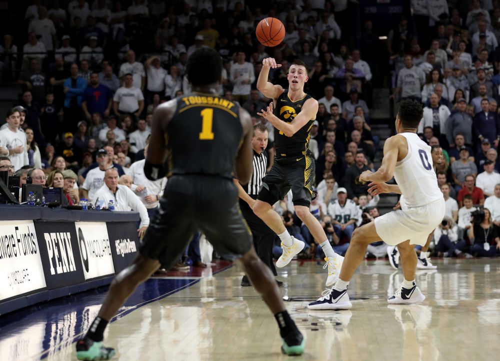 Iowa Hawkeyes guard Joe Wieskamp (10) saves a ball from going out of bounds against Penn State Saturday, January 4, 2020 at the Palestra in Philadelphia. (Brian Ray/hawkeyesports.com)