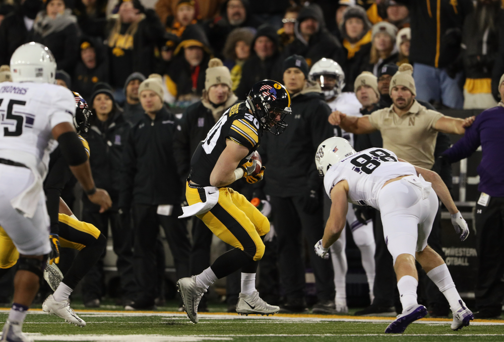 Iowa Hawkeyes defensive back Jake Gervase (30) intercepts a pass against the Northwestern Wildcats Saturday, November 10, 2018 at Kinnick Stadium. (Brian Ray/hawkeyesports.com)