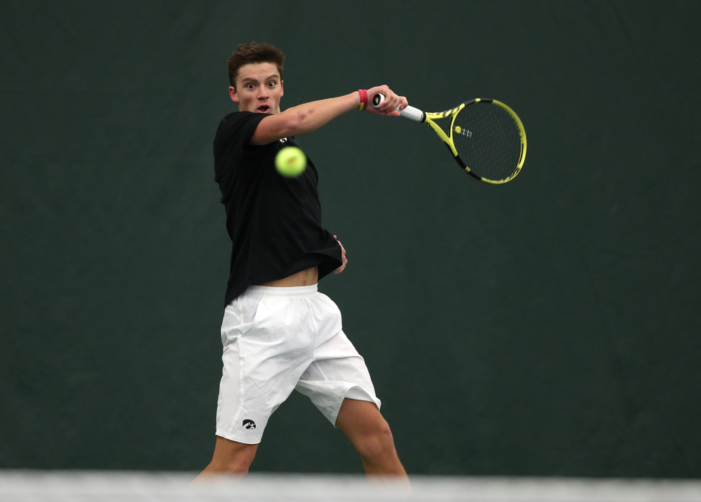 Joe Tyler against Utah Sunday, February 10, 2019 at the Hawkeye Tennis and Recreation Complex. (Brian Ray/hawkeyesports.com)