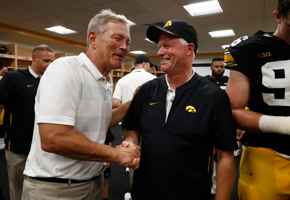 Iowa Hawkeyes head coach Kirk Ferentz and Reese Morgan against the Northern Illinois Huskies Saturday, September 1, 2018 at Kinnick Stadium. (Brian Ray/hawkeyesports.com)
