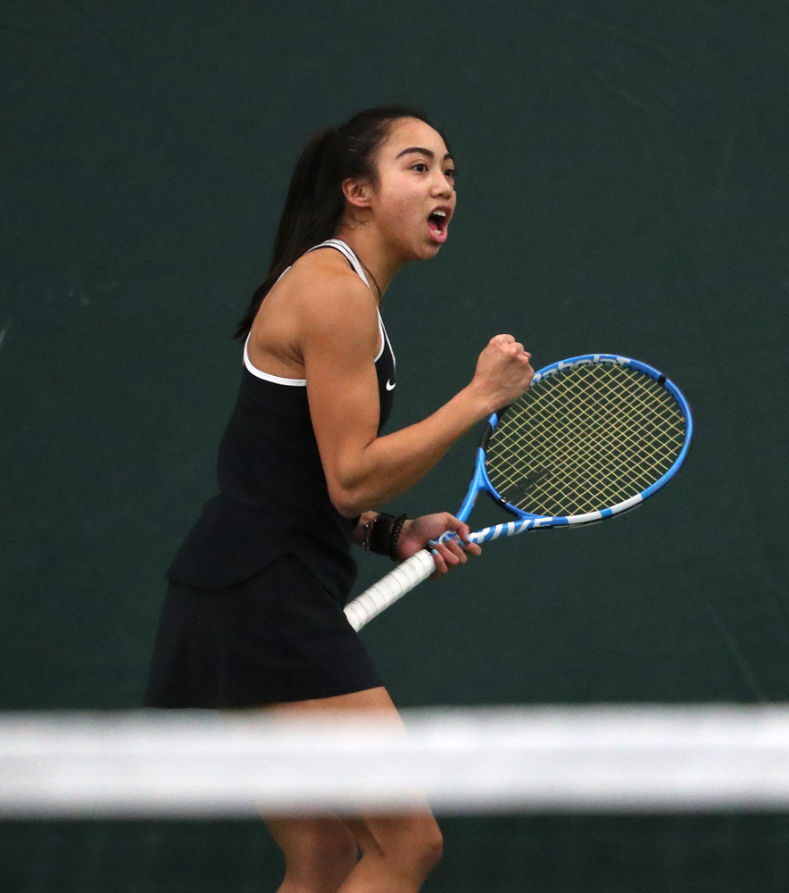 Iowa's Michelle Bacalla and Cloe Ruettte play a doubles match against the Penn State Nittany Lions Sunday, February 24, 2019 at the Hawkeye Tennis and Recreation Complex. (Brian Ray/hawkeyesports.com)