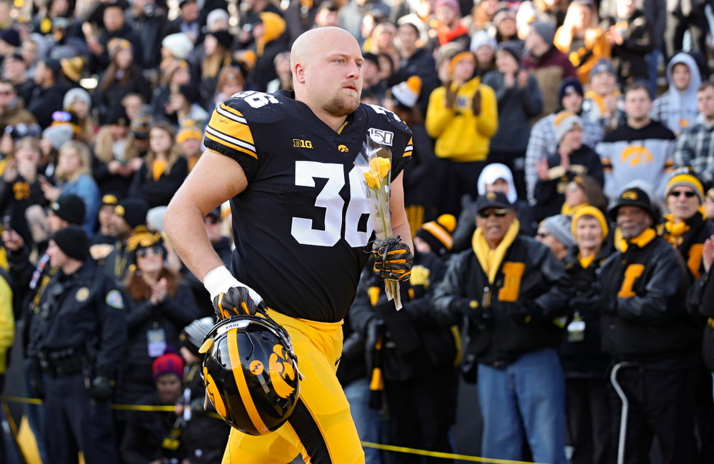 Iowa Hawkeyes fullback Brady Ross (36) is acknowledged on senior day before their game at Kinnick Stadium in Iowa City on Saturday, Nov 23, 2019. (Stephen Mally/hawkeyesports.com)