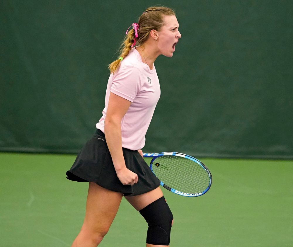 Iowa's Ashleigh Jacobs celebrates during a match against Purdue at the Hawkeye Tennis and Recreation Complex in Iowa City on Friday, Mar. 29, 2019. (Stephen Mally/hawkeyesports.com)