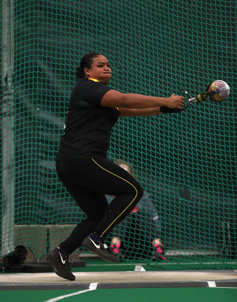 Iowa's Laulauga Tausaga sets a school record in the weight throw Friday, January 11, 2019 at the Hawkeye Tennis and Recreation Center. Tausaga set the new mark with a throw of 20.67m, 67-9 3/4. (Brian Ray/hawkeyesports.com)