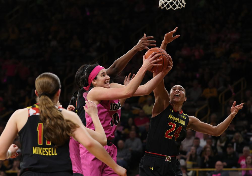 Iowa Hawkeyes forward Megan Gustafson (10) against the seventh ranked Maryland Terrapins Sunday, February 17, 2019 at Carver-Hawkeye Arena. (Brian Ray/hawkeyesports.com)