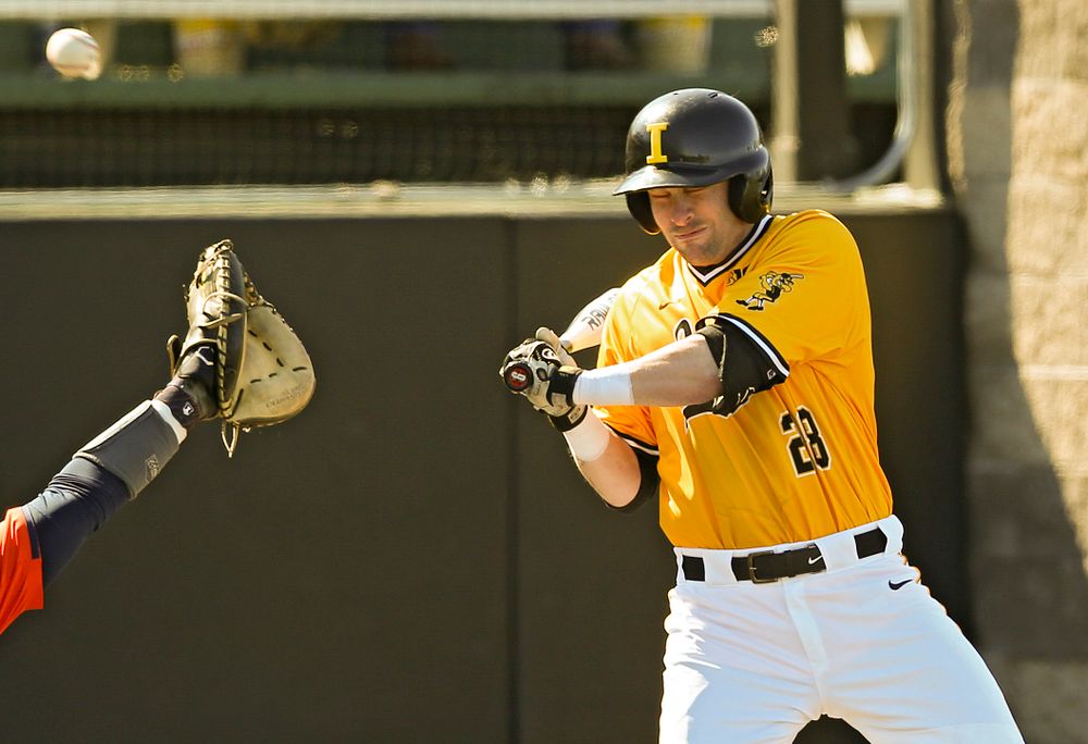 Iowa Hawkeyes designated hitter Chris Whelan (28) is hit by a pitch during the seventh inning against Illinois at Duane Banks Field in Iowa City on Sunday, Mar. 31, 2019. (Stephen Mally/hawkeyesports.com)