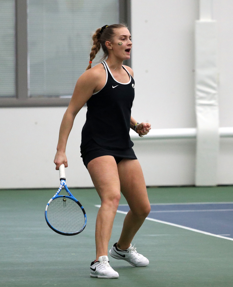Iowa's Ashleigh Jacobs and Sophie Clark play a doubles match against the Penn State Nittany Lions Sunday, February 24, 2019 at the Hawkeye Tennis and Recreation Complex. (Brian Ray/hawkeyesports.com)