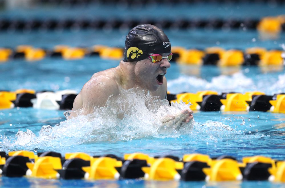 Iowa's Tanner Nelson competes in the 200-yard breaststroke during the 2019 Big Ten Men's Swimming and Diving Championships Saturday, March 2, 2019 at the Campus Wellness and Recreation Center. (Brian Ray/hawkeyesports.com)