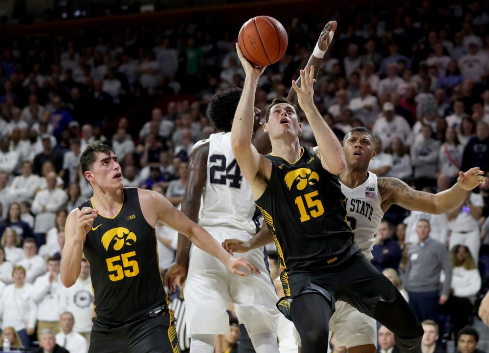 Iowa Hawkeyes forward Ryan Kriener (15) against Penn State Saturday, January 4, 2020 at the Palestra in Philadelphia. (Brian Ray/hawkeyesports.com)