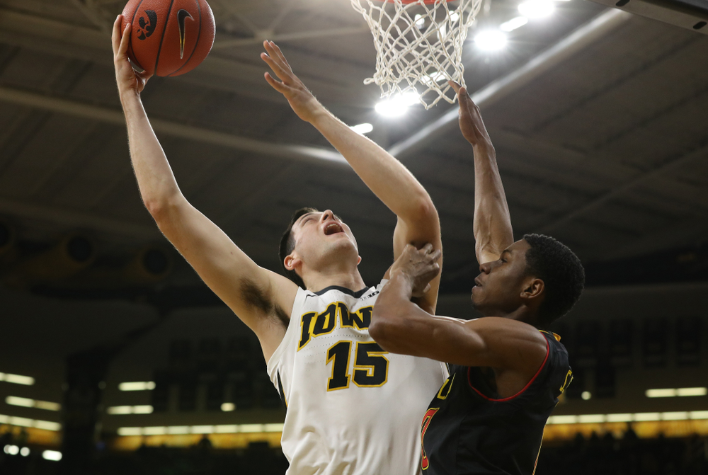 Iowa Hawkeyes forward Ryan Kriener (15) against the Maryland Terapins Tuesday, February 19, 2019 at Carver-Hawkeye Arena. (Brian Ray/hawkeyesports.com)