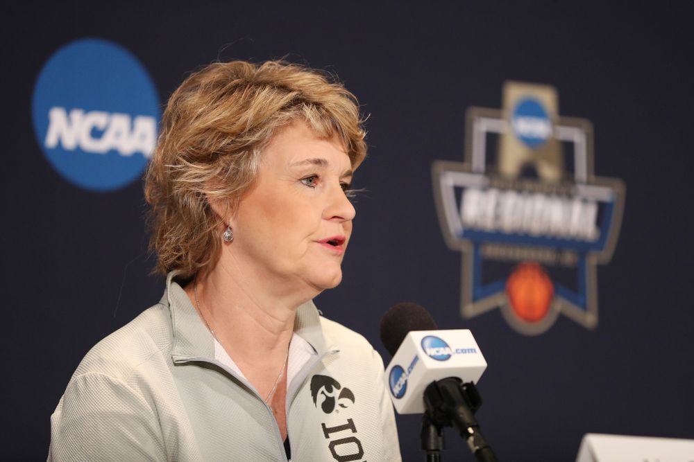 Iowa Hawkeyes head coach Lisa Bluder during media and practice as they prepare for their Sweet 16 matchup against NC State Friday, March 29, 2019 at the Greensboro Coliseum in Greensboro, NC.(Brian Ray/hawkeyesports.com)