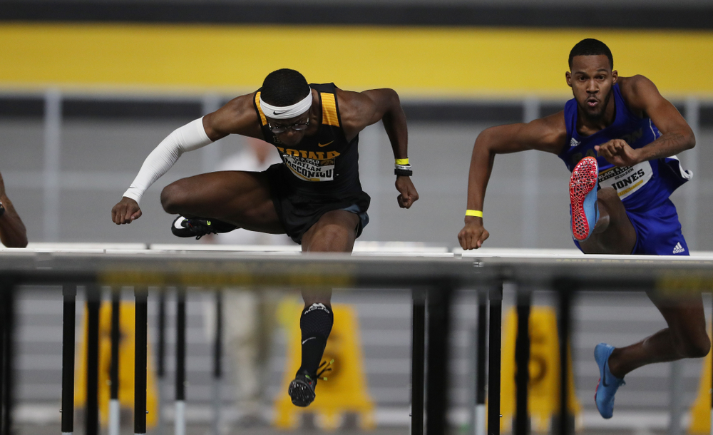 Iowa's Jaylan McConico competes in the 60-meter hurdles during the Black and Gold Premier meet Saturday, January 26, 2019 at the Recreation Building. (Brian Ray/hawkeyesports.com)