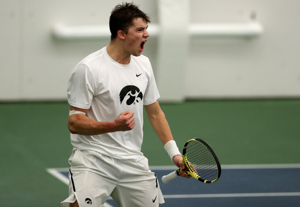 Iowa’s Joe Tyler against Cornell Sunday, March 8, 2020 at the Hawkeye Tennis and Recreation Center. (Brian Ray/hawkeyesports.com)