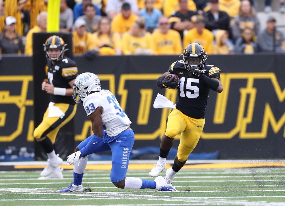Iowa Hawkeyes running back Tyler Goodson (15) against Middle Tennessee State Saturday, September 28, 2019 at Kinnick Stadium. (Max Allen/hawkeyesports.com)