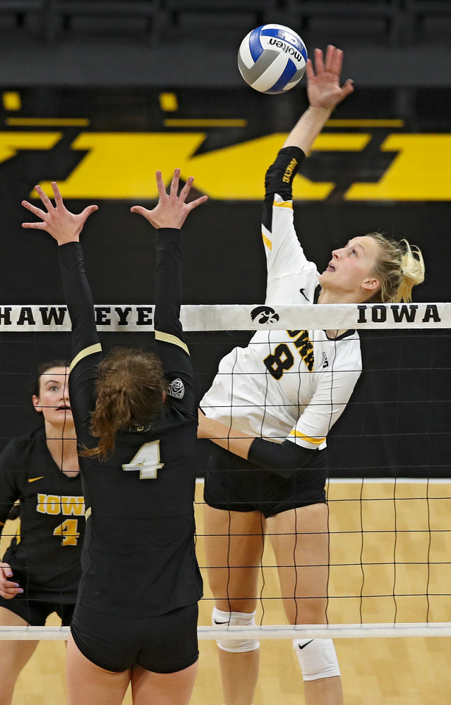 Iowa’s Kyndra Hansen (8) goes up for a shot during the second set of their Big Ten/Pac-12 Challenge match against Colorado at Carver-Hawkeye Arena in Iowa City on Friday, Sep 6, 2019. (Stephen Mally/hawkeyesports.com)