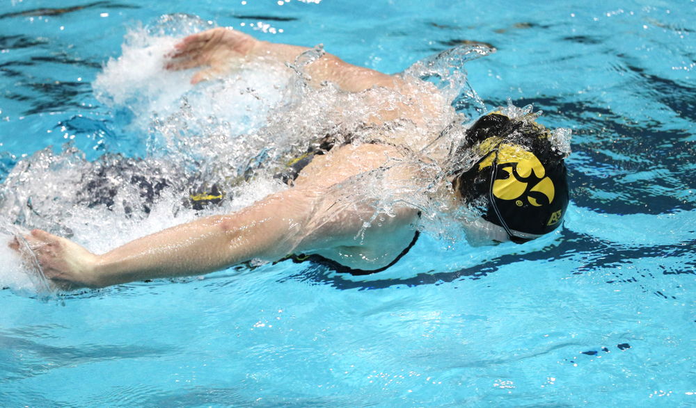 Iowa's Kelsey Drake swims the butterfly leg of the 200-yard medley relay against the Iowa State Cyclones in the Iowa Corn Cy-Hawk Series Friday, December 7, 2018 at at the Campus Recreation and Wellness Center. (Brian Ray/hawkeyesports.com)