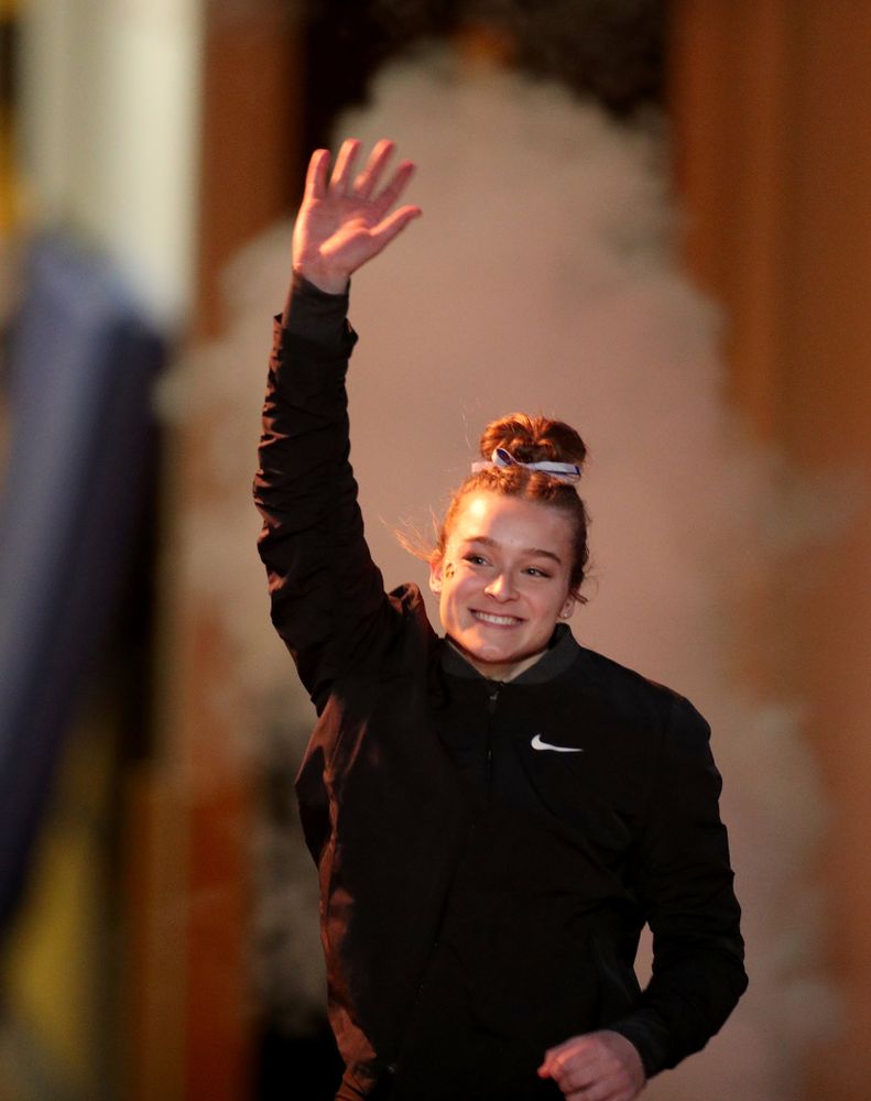 Iowa’s Mackenzie Vance is introduced before their meet against Michigan State Saturday, February 1, 2020 at Carver-Hawkeye Arena. (Brian Ray/hawkeyesports.com)