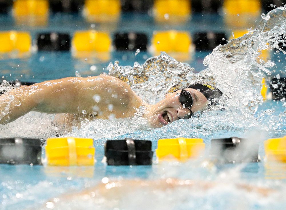 Iowa’s Grace Reeder swims the freestyle section of the 100-yard individual medley event during their meet against Michigan State at the Campus Recreation and Wellness Center in Iowa City on Thursday, Oct 3, 2019. (Stephen Mally/hawkeyesports.com)