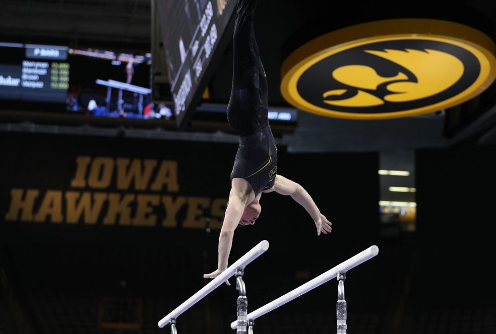 Iowa's Jake Brodarzon competes on the parallel bars against the Ohio State Buckeyes Saturday, March 16, 2019 at Carver-Hawkeye Arena. (Brian Ray/hawkeyesports.com)