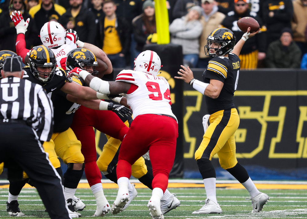 Iowa Hawkeyes quarterback Nate Stanley (4) passes the ball during a game against Nebraska at Kinnick Stadium on November 23, 2018. (Tork Mason/hawkeyesports.com)
