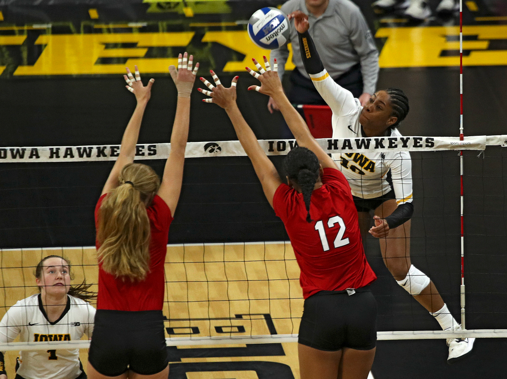 Iowa’s Griere Hughes (10) goes up for a kill during the second set of their match against Nebraska at Carver-Hawkeye Arena in Iowa City on Saturday, Nov 9, 2019. (Stephen Mally/hawkeyesports.com)