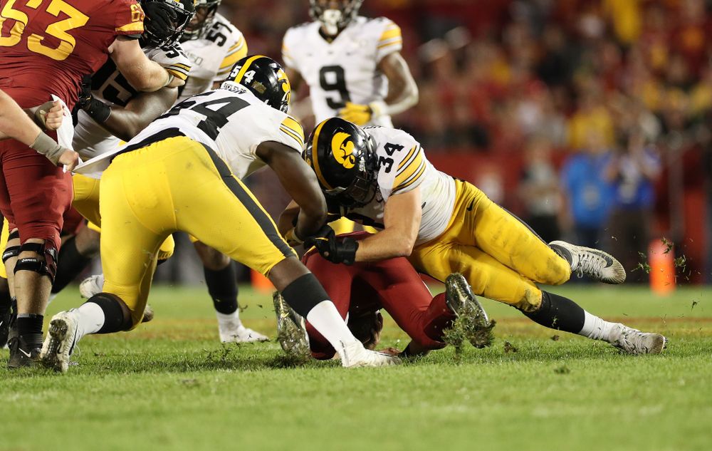 Iowa Hawkeyes linebacker Kristian Welch (34) makes a tackle against the Iowa State Cyclones Saturday, September 14, 2019 in Ames, Iowa. (Brian Ray/hawkeyesports.com)