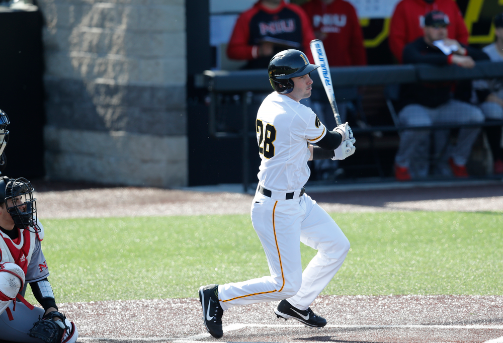 Iowa Hawkeyes infielder Chris Whelan (28) against Northern Illinois Tuesday, April 17, 2018 at Duane Banks Field. (Brian Ray/hawkeyesports.com)