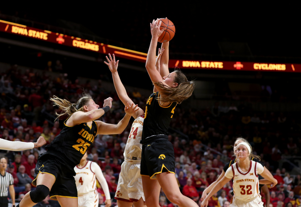Iowa Hawkeyes forward Amanda Ollinger (43) against the Iowa State Cyclones Wednesday, December 11, 2019 at Hilton Coliseum in Ames, Iowa(Brian Ray/hawkeyesports.com)