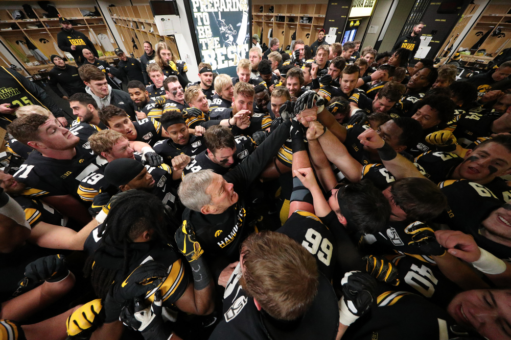 The Iowa Hawkeyes celebrate with the Floyd of Rosedale Trophy following their 23-19 victory over the Minnesota Golden Gophers Saturday, November 16, 2019 at Kinnick Stadium. (Brian Ray/hawkeyesports.com)