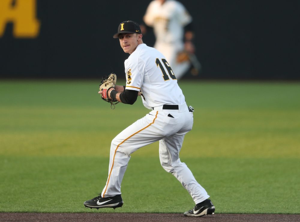 Iowa Hawkeyes Tanner Wetrich (16) makes a play during game one against UC Irvine Friday, May 3, 2019 at Duane Banks Field. (Brian Ray/hawkeyesports.com)
