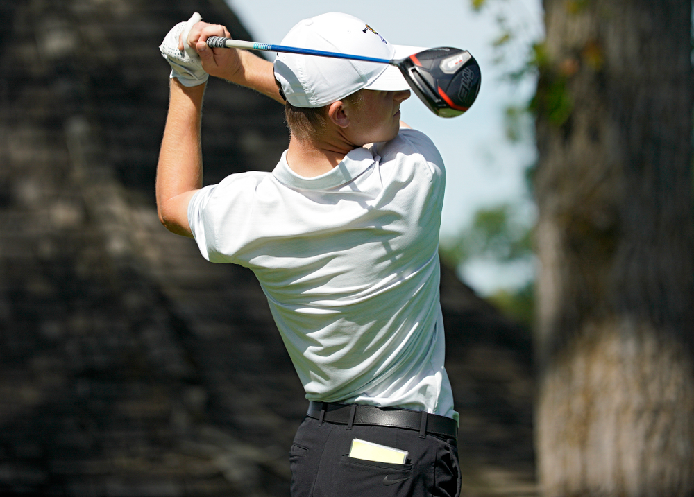 Iowa’s Benton Weinberg tees off during the second day of the Golfweek Conference Challenge at the Cedar Rapids Country Club in Cedar Rapids on Monday, Sep 16, 2019. (Stephen Mally/hawkeyesports.com)