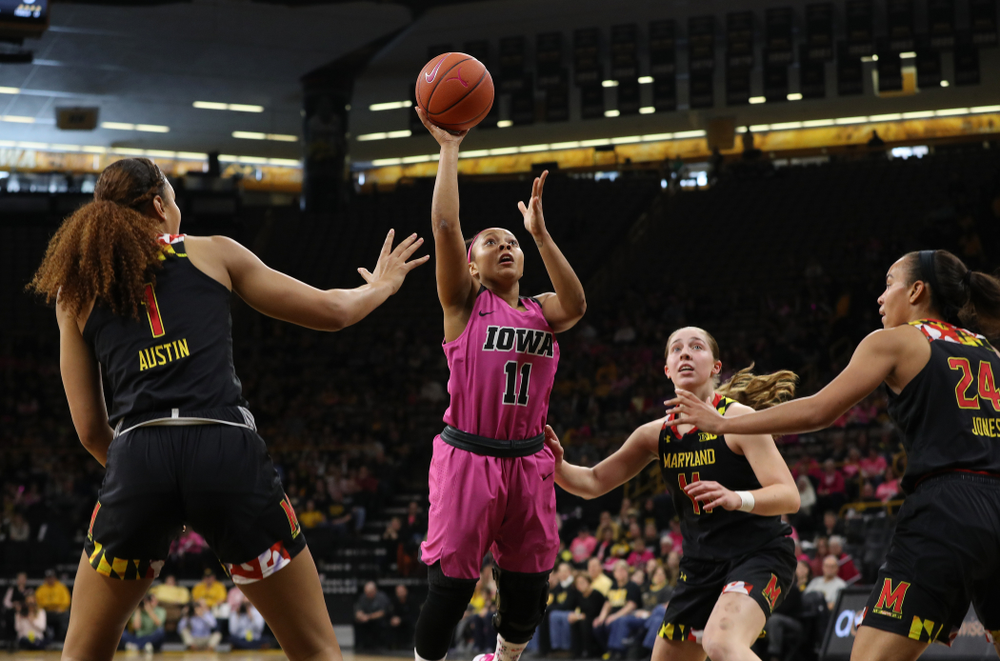 Iowa Hawkeyes guard Tania Davis (11) against the seventh ranked Maryland Terrapins Sunday, February 17, 2019 at Carver-Hawkeye Arena. (Brian Ray/hawkeyesports.com)