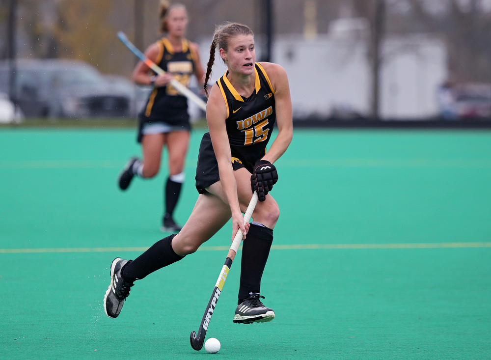 Iowa’s Esme Gibson (15) moves with the ball during the third quarter of their game at Grant Field in Iowa City on Saturday, Oct 26, 2019. (Stephen Mally/hawkeyesports.com)