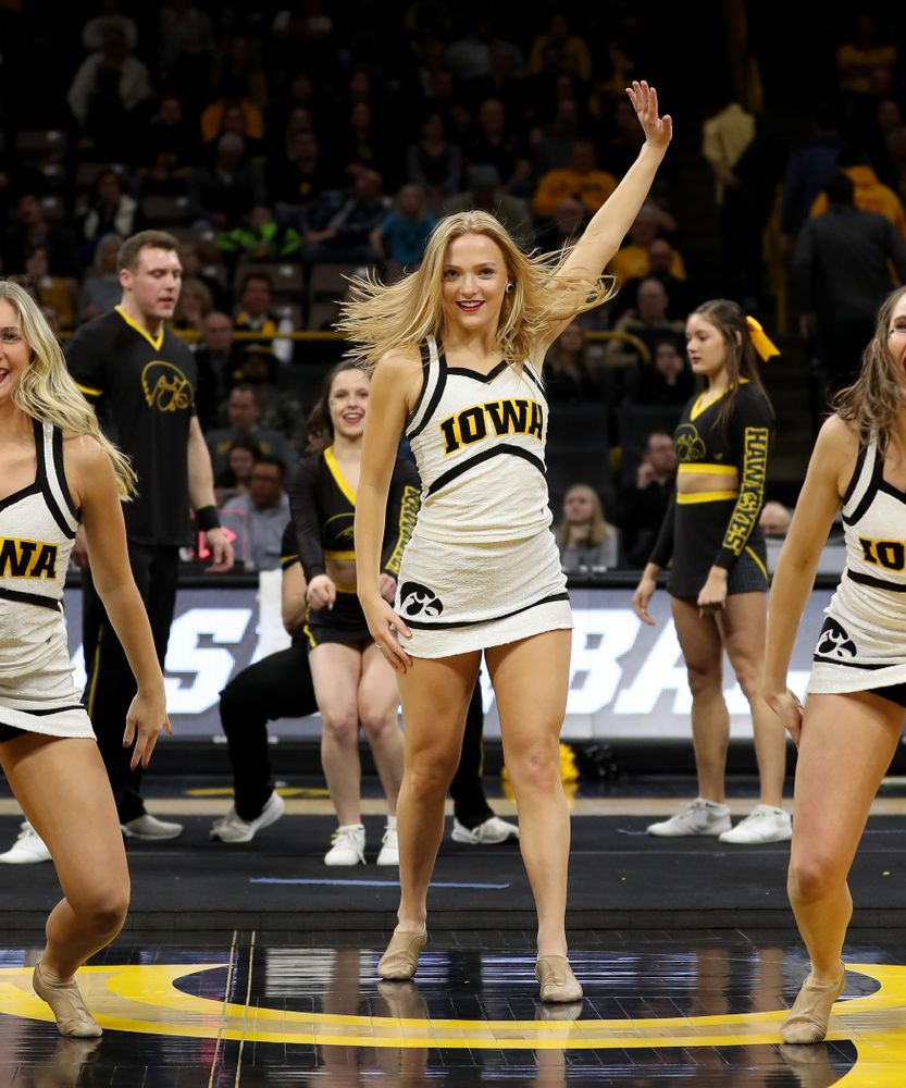 The Iowa Cheerleaders and Dance Team perform on senior night at half-time of the Iowa Hawkeyes game against the Purdue Boilermakers Tuesday, March 3, 2020 at Carver-Hawkeye Arena. (Brian Ray/hawkeyesports.com)