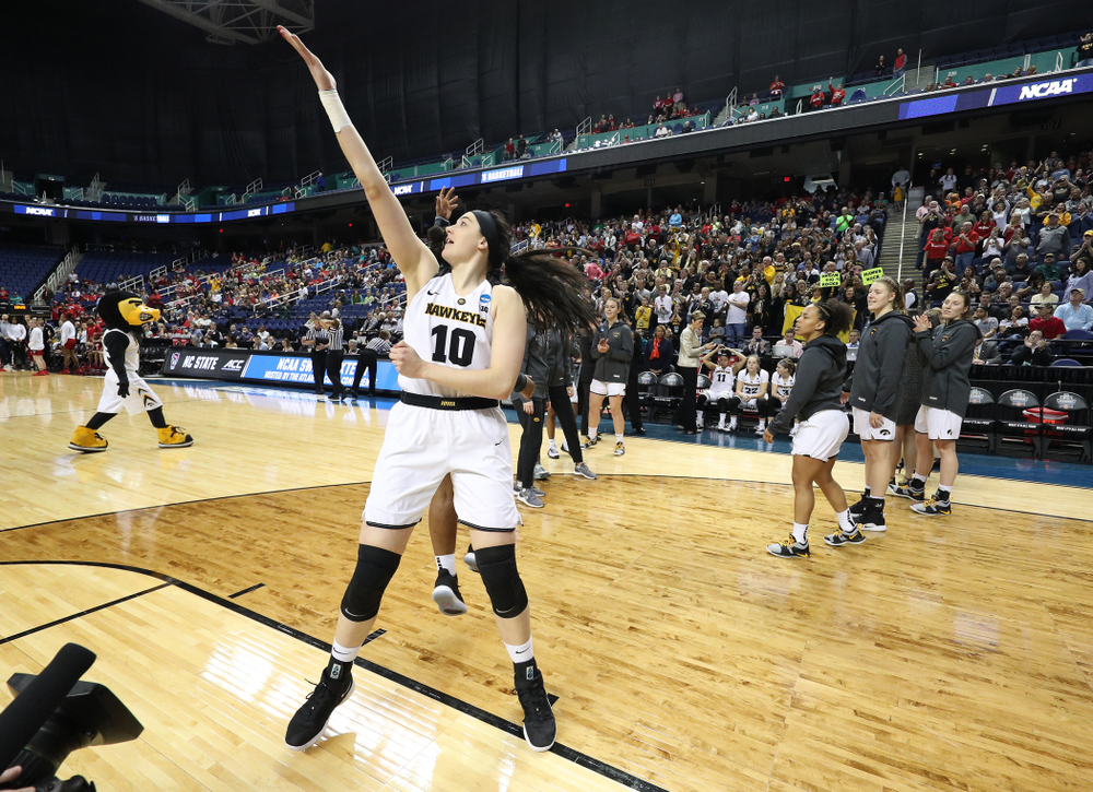 Iowa Hawkeyes forward Megan Gustafson (10) against the NC State Wolfpack in the regional semi-final of the 2019 NCAA Women's College Basketball Tournament Saturday, March 30, 2019 at Greensboro Coliseum in Greensboro, NC.(Brian Ray/hawkeyesports.com)