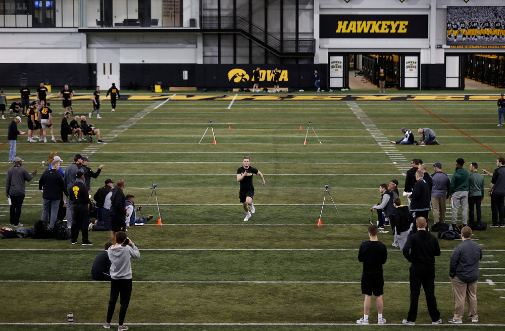 Iowa Hawkeyes linebacker Ben Niemann (44) during the team's annual pro day Monday, March 26, 2018 at the Hansen Football Performance Center. (Brian Ray/hawkeyesports.com)