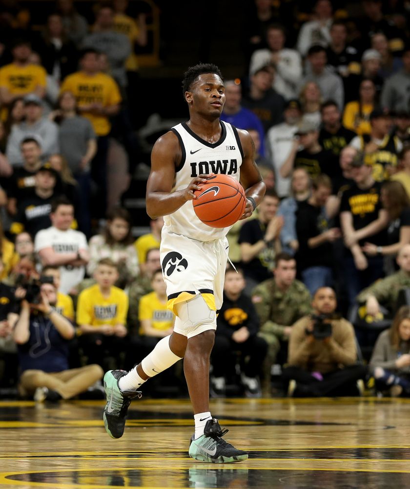Iowa Hawkeyes guard Joe Toussaint (1) against Penn State Saturday, February 29, 2020 at Carver-Hawkeye Arena. (Brian Ray/hawkeyesports.com)