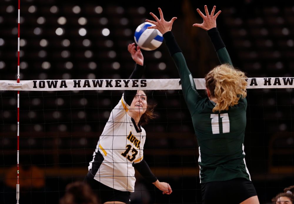 Iowa Hawkeyes middle blocker Sarah Wing (13) against the Michigan State Spartans Friday, September 21, 2018 at Carver-Hawkeye Arena. (Brian Ray/hawkeyesports.com)