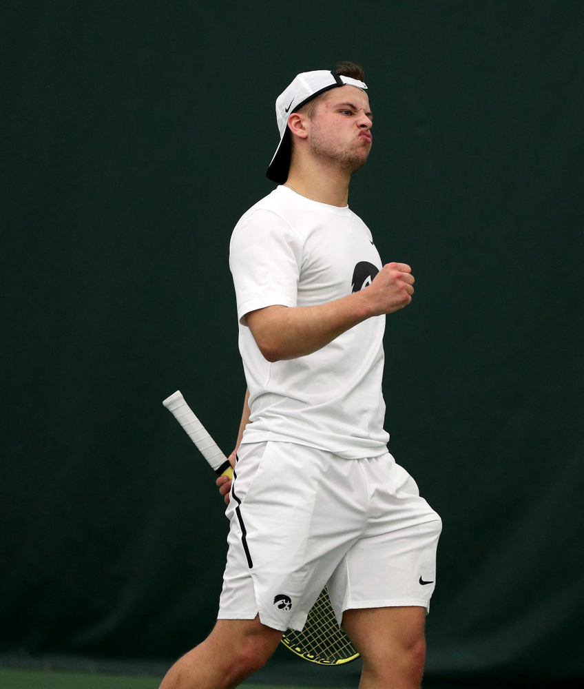 Iowa’s Will Davies against Cornell Sunday, March 8, 2020 at the Hawkeye Tennis and Recreation Center. (Brian Ray/hawkeyesports.com)