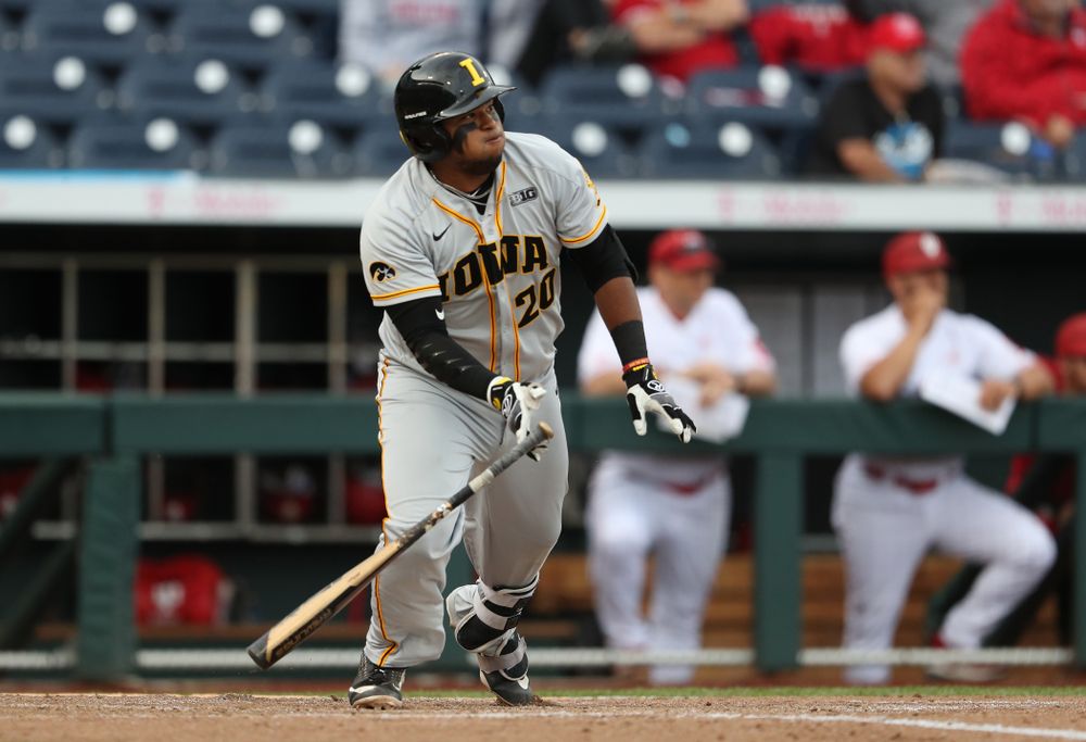 Iowa Hawkeyes Izaya Fullard (20) drives in a run against the Indiana Hoosiers in the first round of the Big Ten Baseball Tournament Wednesday, May 22, 2019 at TD Ameritrade Park in Omaha, Neb. (Brian Ray/hawkeyesports.com)