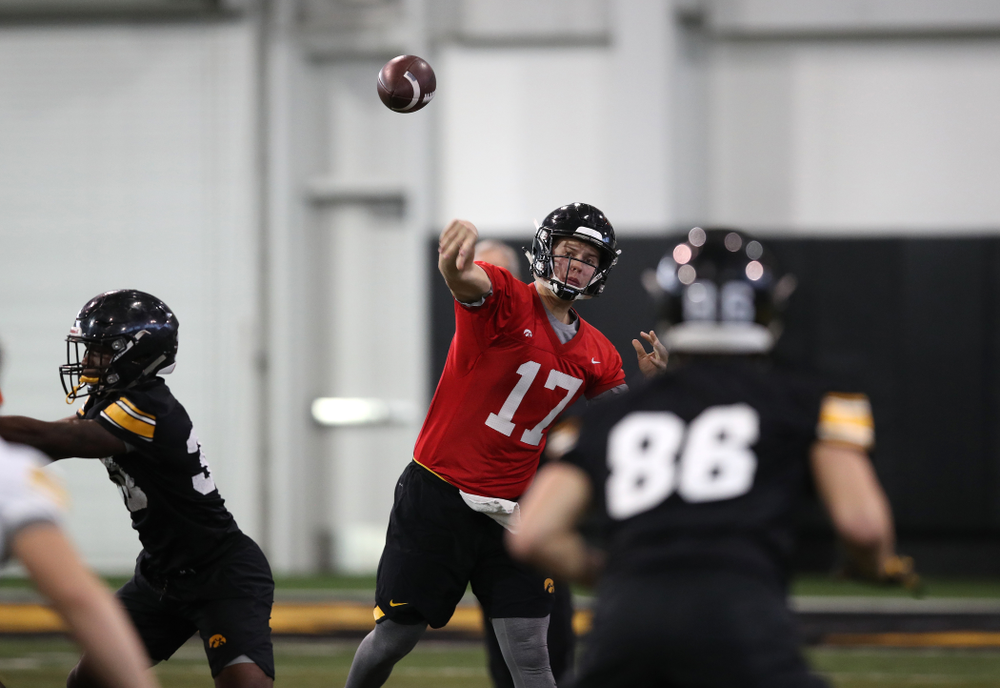 Iowa Hawkeyes quarterback Ryan Schmidt (17) during preparation for the 2019 Outback Bowl Tuesday, December 18, 2018 at the Hansen Football Performance Center. (Brian Ray/hawkeyesports.com)