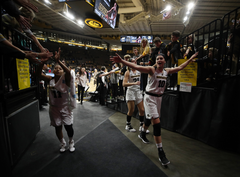 Iowa Hawkeyes guard Tania Davis (11), forward Megan Gustafson (10), and forward Hannah Stewart (21) against the Northern Iowa Panthers in the Hy-Vee Classic Sunday, December 16, 2018 at Carver-Hawkeye Arena. (Brian Ray/hawkeyesports.com)